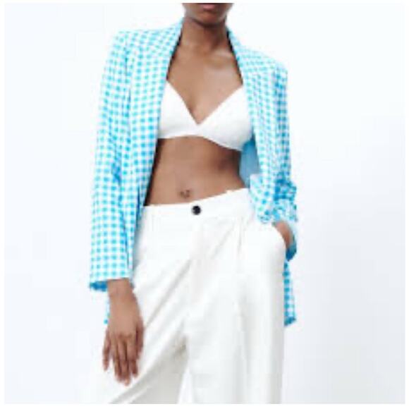 Zara Blazer Blue & White Gingham Blazer Bloggers Favorite Preppy Clueless Sz L - Picture 3 of 16